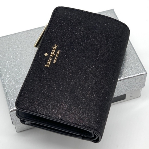 Kate Spade ♠️ Black Glimmer Glitter Medium Wallet - Picture 4 of 9